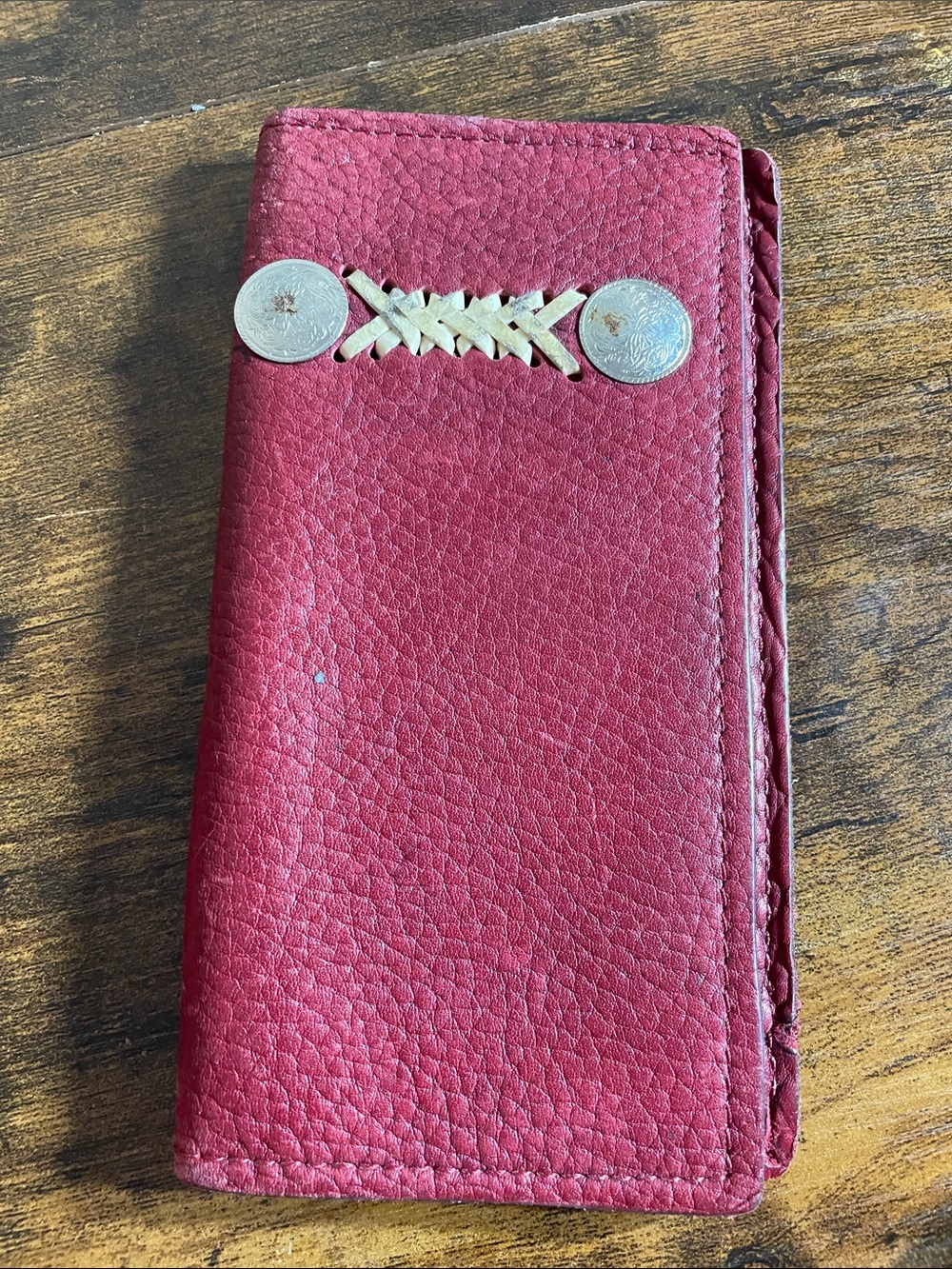 Red Leather Phone Wallet Case with Decorative Silver Conchos